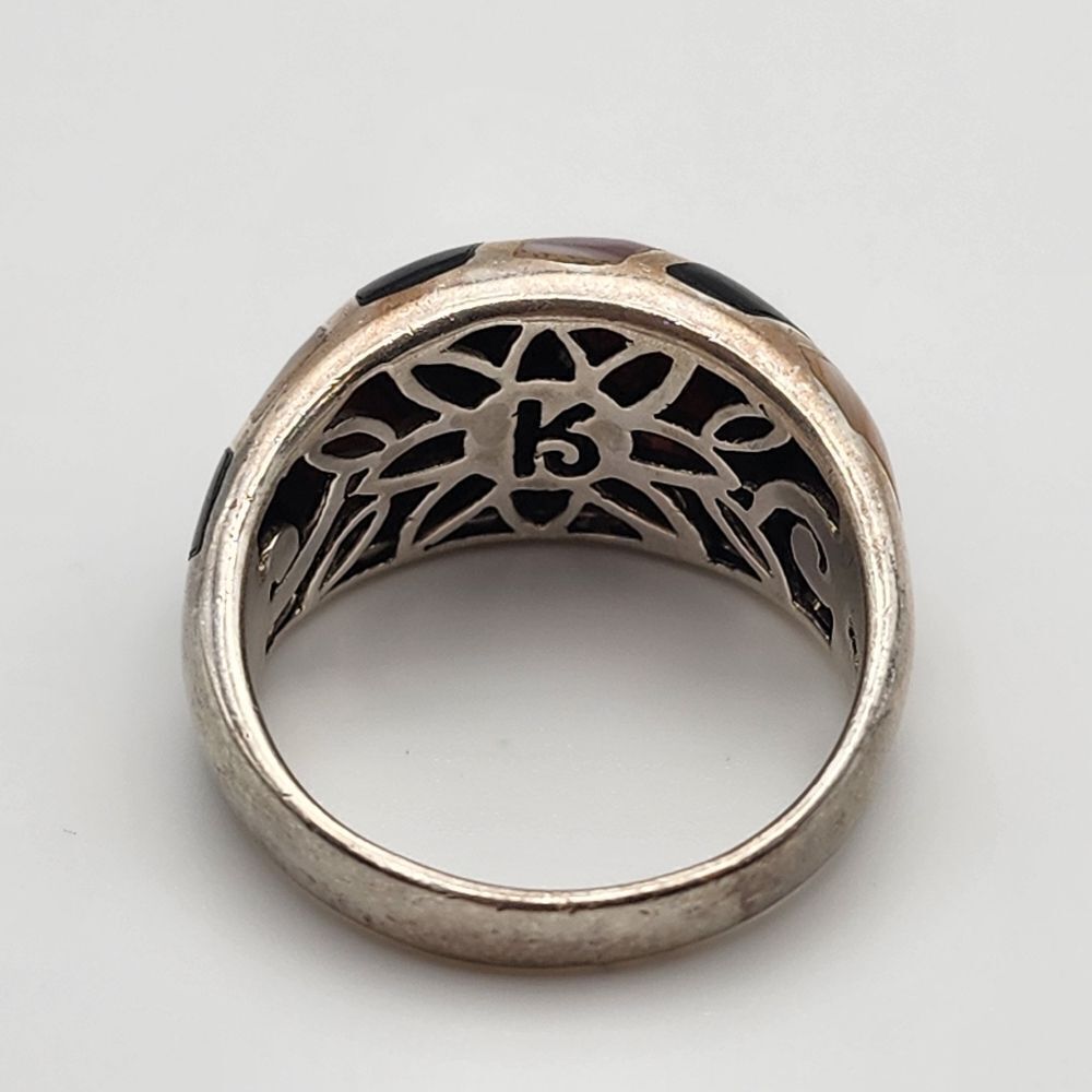 Ken Craft Sterling Silver Mother of Pearl & Onyx Inlay Ring (10) - Picture 6 of 8